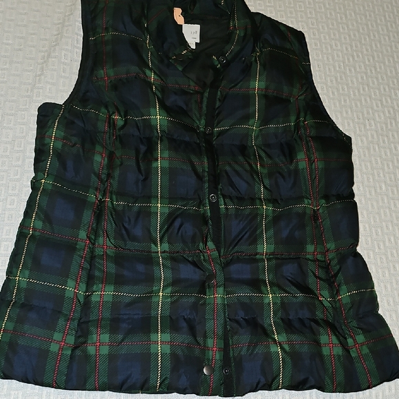 J. Jill Navy Green Plaid Pattern Quilted Puffy Vest Medium Outerwear Layer Women - Picture 1 of 6